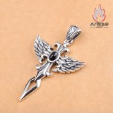 S925 シルバー製 守りの翼デザイン 天使の羽クロス オニクス装飾 男女兼用ペンダント ヴィンテージ風ネックレス