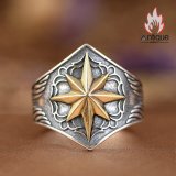 S925 シルバー 太陽光線立体八芒星リング 翼彫刻ヴィンテージオープンリング メンズ個性アクセサリー