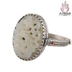 画像1: Antique Jewelry S925 シルバー製 レトロ牡丹花 透かし彫りモチーフ 和田玉組み込み レディースオープンリング サイズ調整可能 和風アクセサリー (1)