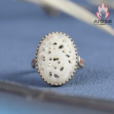 画像2: Antique Jewelry S925 シルバー製 レトロ牡丹花 透かし彫りモチーフ 和田玉組み込み レディースオープンリング サイズ調整可能 和風アクセサリー (2)