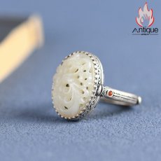 画像3: Antique Jewelry S925 シルバー製 レトロ牡丹花 透かし彫りモチーフ 和田玉組み込み レディースオープンリング サイズ調整可能 和風アクセサリー (3)