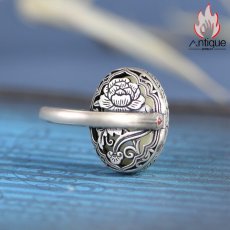 画像4: Antique Jewelry S925 シルバー製 レトロ牡丹花 透かし彫りモチーフ 和田玉組み込み レディースオープンリング サイズ調整可能 和風アクセサリー (4)
