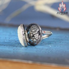 画像7: Antique Jewelry S925 シルバー製 レトロ牡丹花 透かし彫りモチーフ 和田玉組み込み レディースオープンリング サイズ調整可能 和風アクセサリー (7)