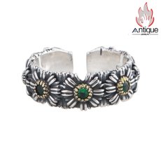 画像1: Antique Jewelry S925 シルバー ヴィンテージ加工 デイジー花モチーフ オープンリング ユニセックス 軽高級感 個性派デザイン (1)