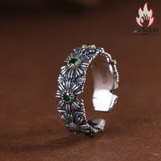画像2: Antique Jewelry S925 シルバー ヴィンテージ加工 デイジー花モチーフ オープンリング ユニセックス 軽高級感 個性派デザイン (2)