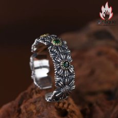 画像3: Antique Jewelry S925 シルバー ヴィンテージ加工 デイジー花モチーフ オープンリング ユニセックス 軽高級感 個性派デザイン (3)