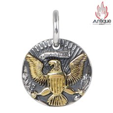 画像1: Antique Jewelry S925 シルバー製 ヴィンテージ仕上げ パンク・ヒップホップスタイル 金色イーグル彫刻 ラウンドプレートペンダント ユニセックスファッション (1)