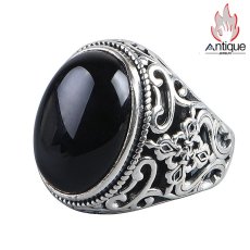 画像1: Antique Jewelry S925 シルバー ヴィンテージ加工 六字真言 黒オニキス リング メンズ 個性派デザイン (1)