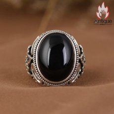 画像2: Antique Jewelry S925 シルバー ヴィンテージ加工 六字真言 黒オニキス リング メンズ 個性派デザイン (2)
