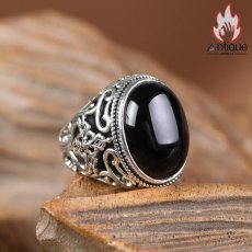 画像7: Antique Jewelry S925 シルバー ヴィンテージ加工 六字真言 黒オニキス リング メンズ 個性派デザイン (7)