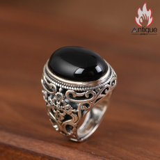 画像8: Antique Jewelry S925 シルバー ヴィンテージ加工 六字真言 黒オニキス リング メンズ 個性派デザイン (8)