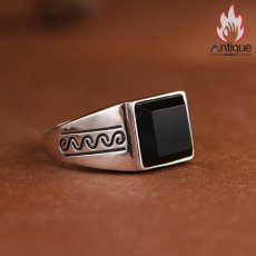 画像7: Antique Jewelry S925 シルバー ヴィンテージ個性デザイン スクエア黒オニキス埋め込み メンズリング シンプルファッション (7)