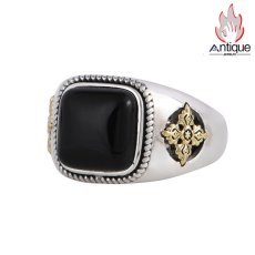 画像1: Antique Jewelry S925 シルバー ヴィンテージ調 金剛杵モチーフ 黒オニキス埋め込み メンズオープンリング 個性派ファッション (1)