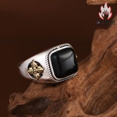 画像3: Antique Jewelry S925 シルバー ヴィンテージ調 金剛杵モチーフ 黒オニキス埋め込み メンズオープンリング 個性派ファッション (3)