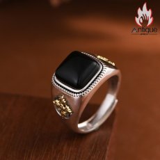 画像4: Antique Jewelry S925 シルバー ヴィンテージ調 金剛杵モチーフ 黒オニキス埋め込み メンズオープンリング 個性派ファッション (4)