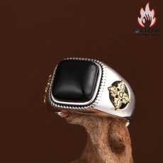 画像5: Antique Jewelry S925 シルバー ヴィンテージ調 金剛杵モチーフ 黒オニキス埋め込み メンズオープンリング 個性派ファッション (5)