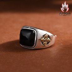 画像6: Antique Jewelry S925 シルバー ヴィンテージ調 金剛杵モチーフ 黒オニキス埋め込み メンズオープンリング 個性派ファッション (6)