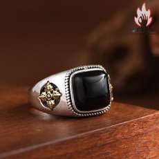 画像7: Antique Jewelry S925 シルバー ヴィンテージ調 金剛杵モチーフ 黒オニキス埋め込み メンズオープンリング 個性派ファッション (7)