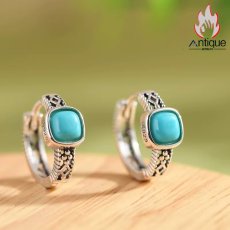 画像2: Antique Jewelry S925 シルバー レトロシンプル ターコイズスクエア 透かし彫りデザイン 小ぶり ピアス・イヤリング レディース (2)