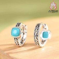 画像3: Antique Jewelry S925 シルバー レトロシンプル ターコイズスクエア 透かし彫りデザイン 小ぶり ピアス・イヤリング レディース (3)