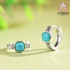 画像4: Antique Jewelry S925 シルバー レトロシンプル ターコイズスクエア 透かし彫りデザイン 小ぶり ピアス・イヤリング レディース (4)