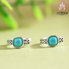 画像6: Antique Jewelry S925 シルバー レトロシンプル ターコイズスクエア 透かし彫りデザイン 小ぶり ピアス・イヤリング レディース (6)