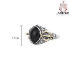 画像8: Antique Jewelry S925 シルバー ヴィンテージ加工 金剛杵モチーフ 黒オニキス埋め込み メンズオープンリング ユニークデザイン (8)