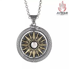 画像1: Antique Jewelry S925 シルバー ヴィンテージ仕上げ サーペント 天体モチーフ 回転式ペンダント メンズ 個性的 ユニークデザイン ネックレス (1)
