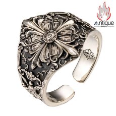 画像1: Antique Jewelry ユーロアメリカンアイリスフラワーシルバーコッパーリング シルバーアクセサリーテールリング 男性用シルバーリング ヴィンテージ 刻印可能 パーソナルシルバーアクセサリー (1)