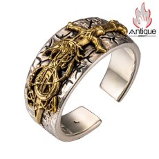 画像1: Antique Jewelry 北欧ヴァイキングドラゴンソードフラワーシルバーリング 男性テールリング ヴィンテージ 刻印可能 パーソナル シルバーコッパー シルバーアクセサリー オープンリング 調整可能 (1)