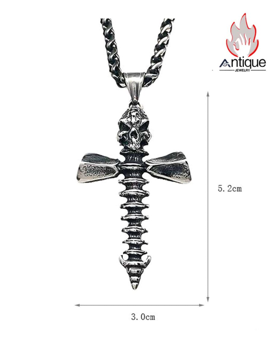 画像6: Antique Jewelry ダークスカル スパイン クロス ペンダント レトロ パンクスタイル チタンスチール メンズ ヒップホップ ネックレス (6)