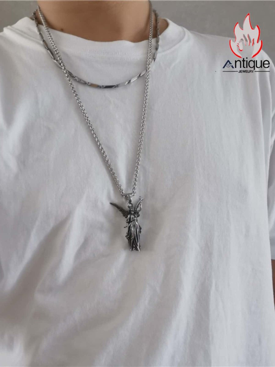 画像5: Antique Jewelry ギリシャの女神アテナのペンダント、個性的なパンク風男性用チタンスチール製欧米風レトロ自由の女神のペンダント (5)
