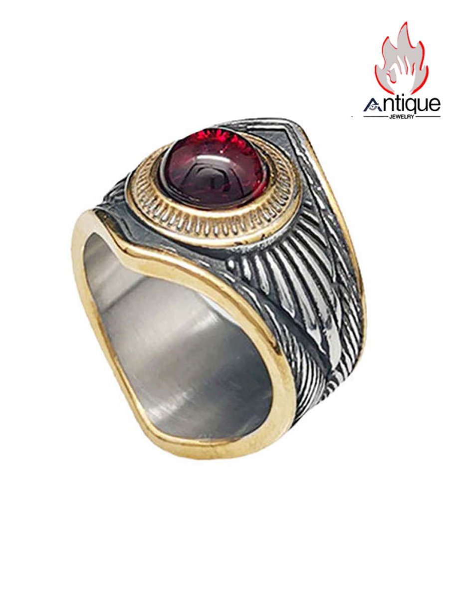 画像1: Antique Jewelry レトロ レッドライン スター リング パンクスタイル パーソナライズされたチタンスチール ヨーロッパ風貴族の指輪 男性用アクセサリー (1)