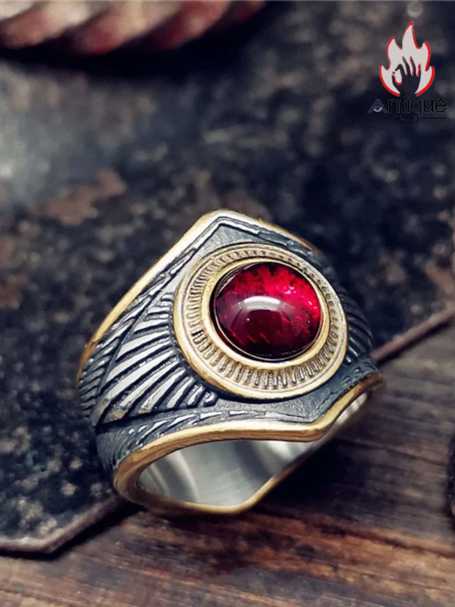 画像2: Antique Jewelry レトロ レッドライン スター リング パンクスタイル パーソナライズされたチタンスチール ヨーロッパ風貴族の指輪 男性用アクセサリー (2)