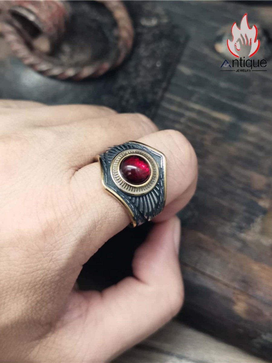 画像6: Antique Jewelry レトロ レッドライン スター リング パンクスタイル パーソナライズされたチタンスチール ヨーロッパ風貴族の指輪 男性用アクセサリー (6)