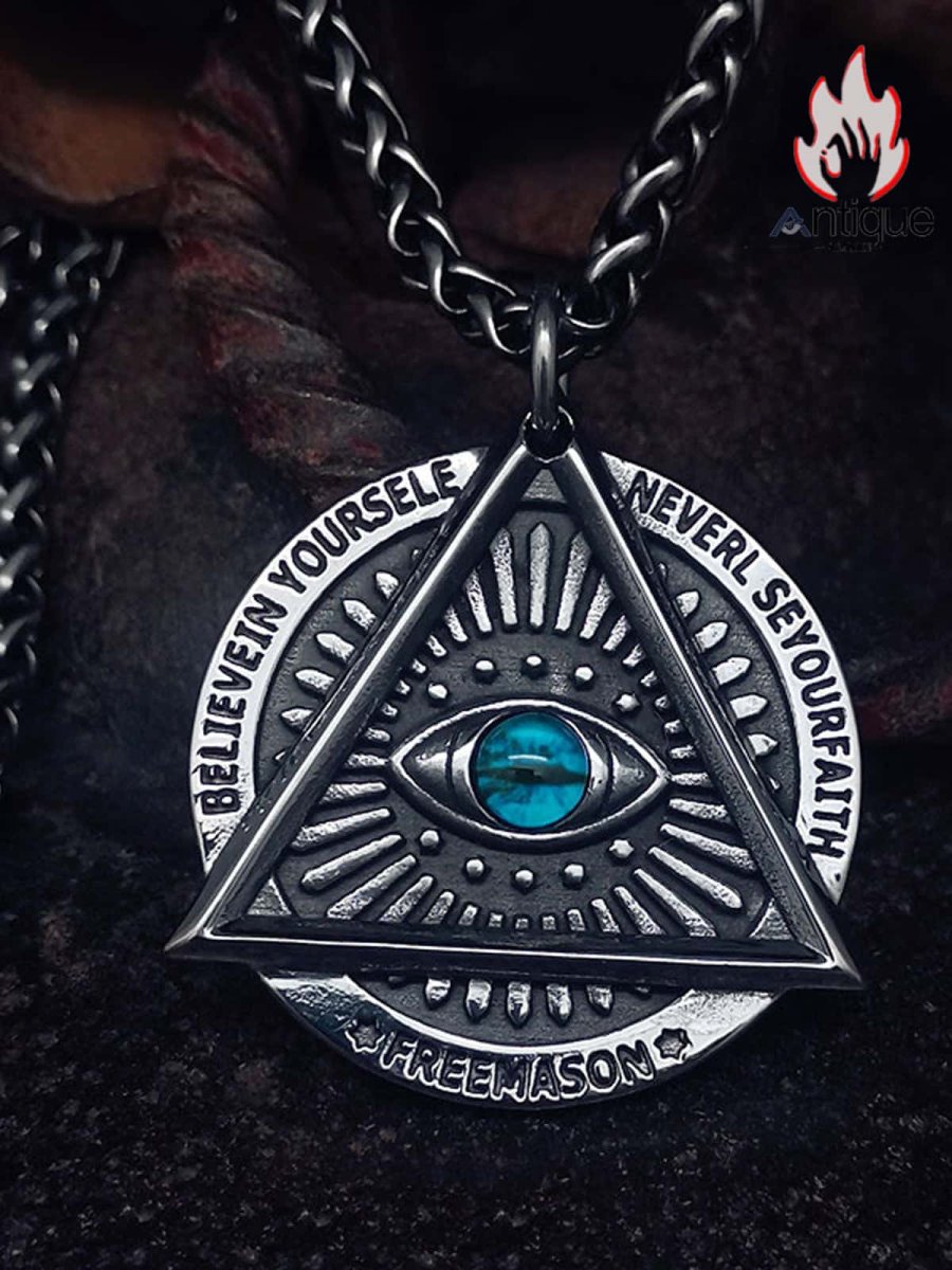 画像4: Antique Jewelry 古代エジプトの神の目ペンダント、レトロなパンクスタイル、チタンスチール製、信念に満ちたオールシーエイの円形ペンダント、メンズ用 (4)