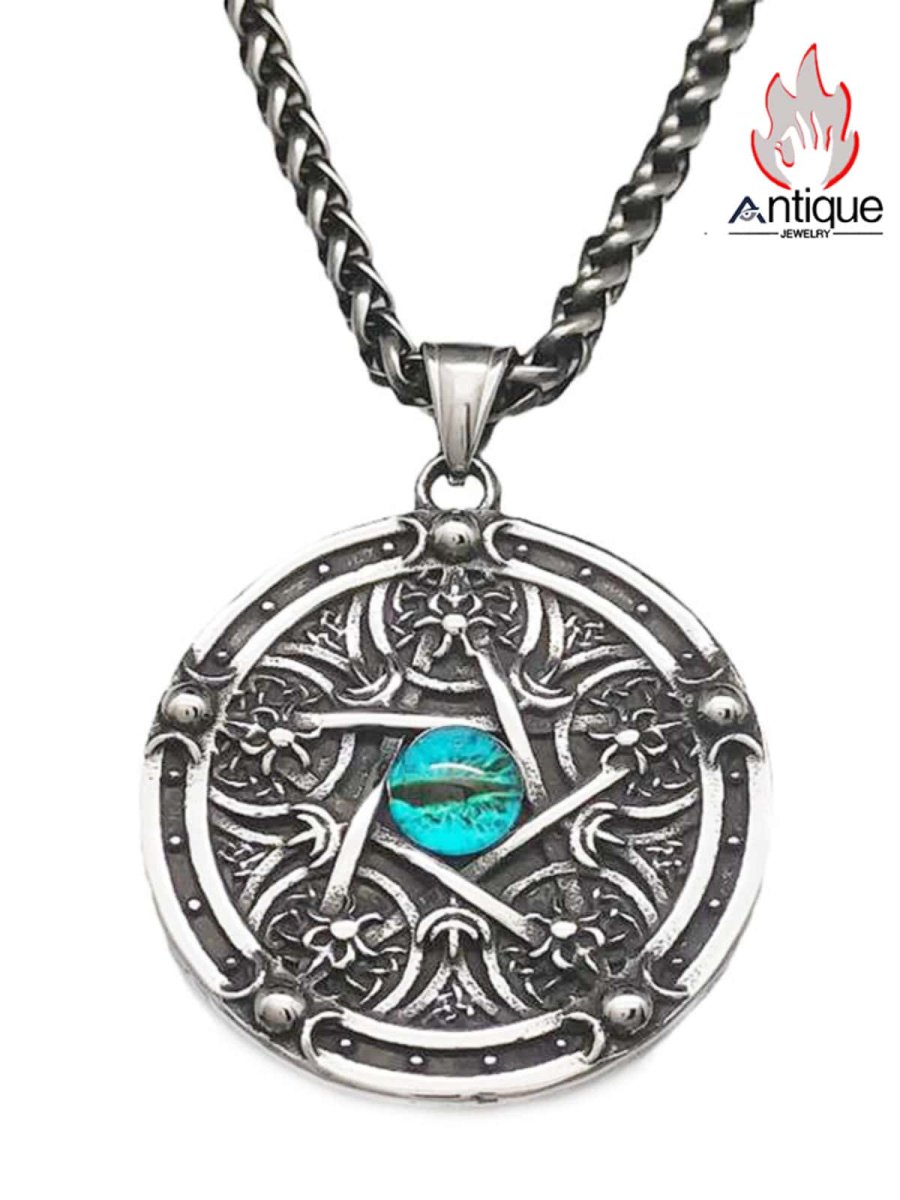 画像1: Antique Jewelry 五芒星マトリックス ヘルアイ ペンダント 男性用 レトロ パンク チタンスチール 個性 ロック スカルヘッド ヒップホップペンダント (1)