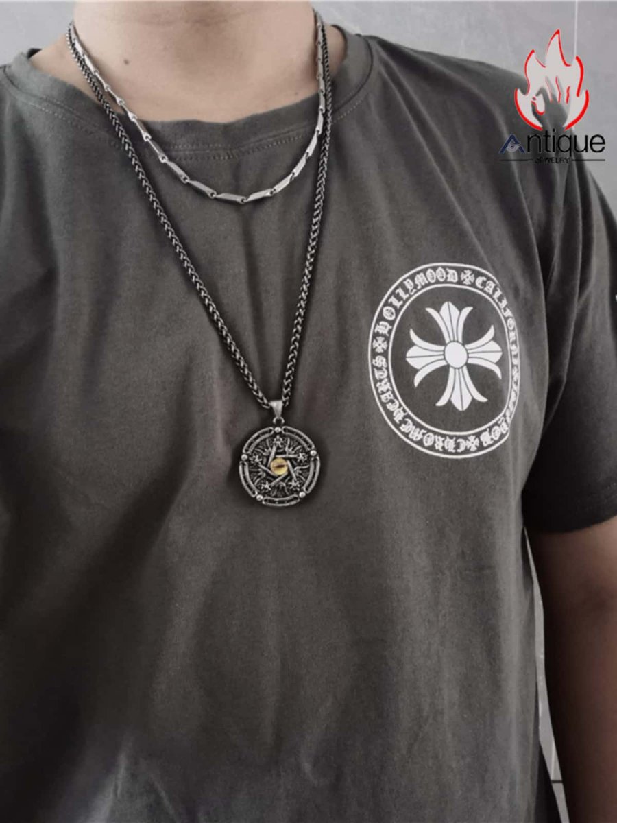 画像6: Antique Jewelry 五芒星マトリックス ヘルアイ ペンダント 男性用 レトロ パンク チタンスチール 個性 ロック スカルヘッド ヒップホップペンダント (6)