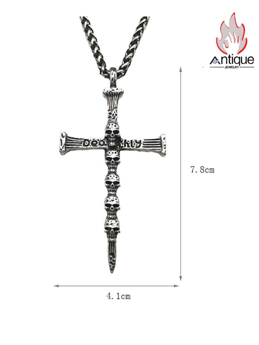 画像6: Antique Jewelry 暗黒スカルキャロルクロスネックレス、レトロパンクスチール、欧米の個性的な男性のロックサタンペンダント (6)