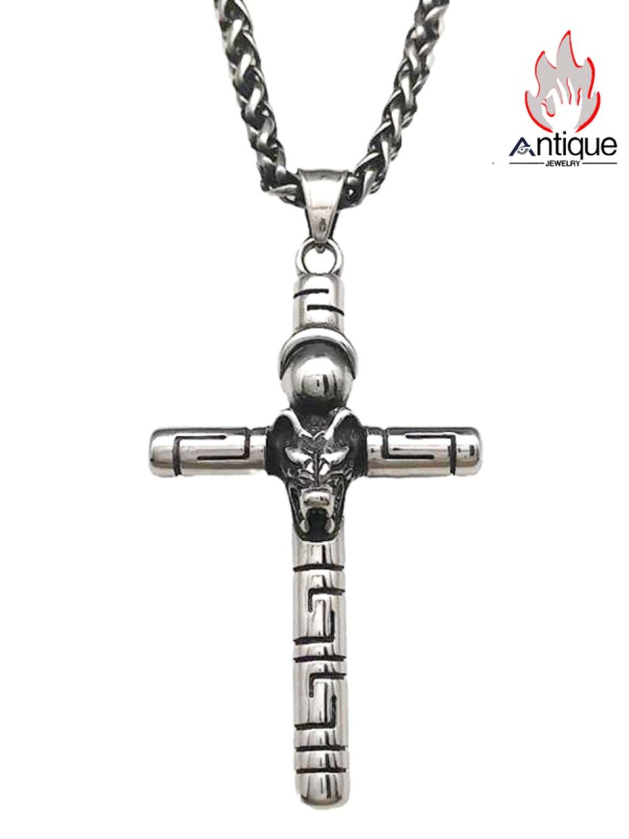 画像1: Antique Jewelry ヴィンテージウルフキングトーテムクロスペンダント、男性用パンクスタイル、チタンスチール、北欧バイキングヒップホップペンダント (1)