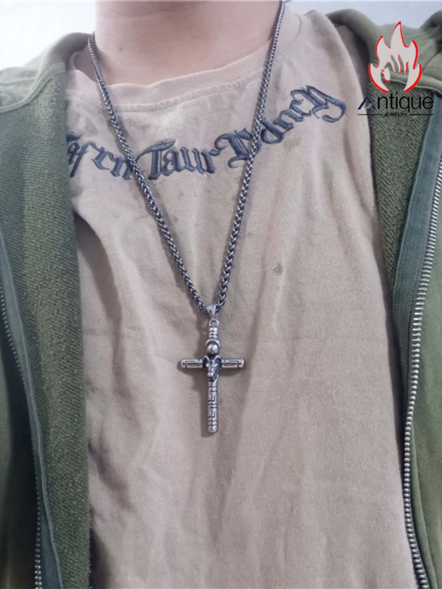 画像5: Antique Jewelry ヴィンテージウルフキングトーテムクロスペンダント、男性用パンクスタイル、チタンスチール、北欧バイキングヒップホップペンダント (5)