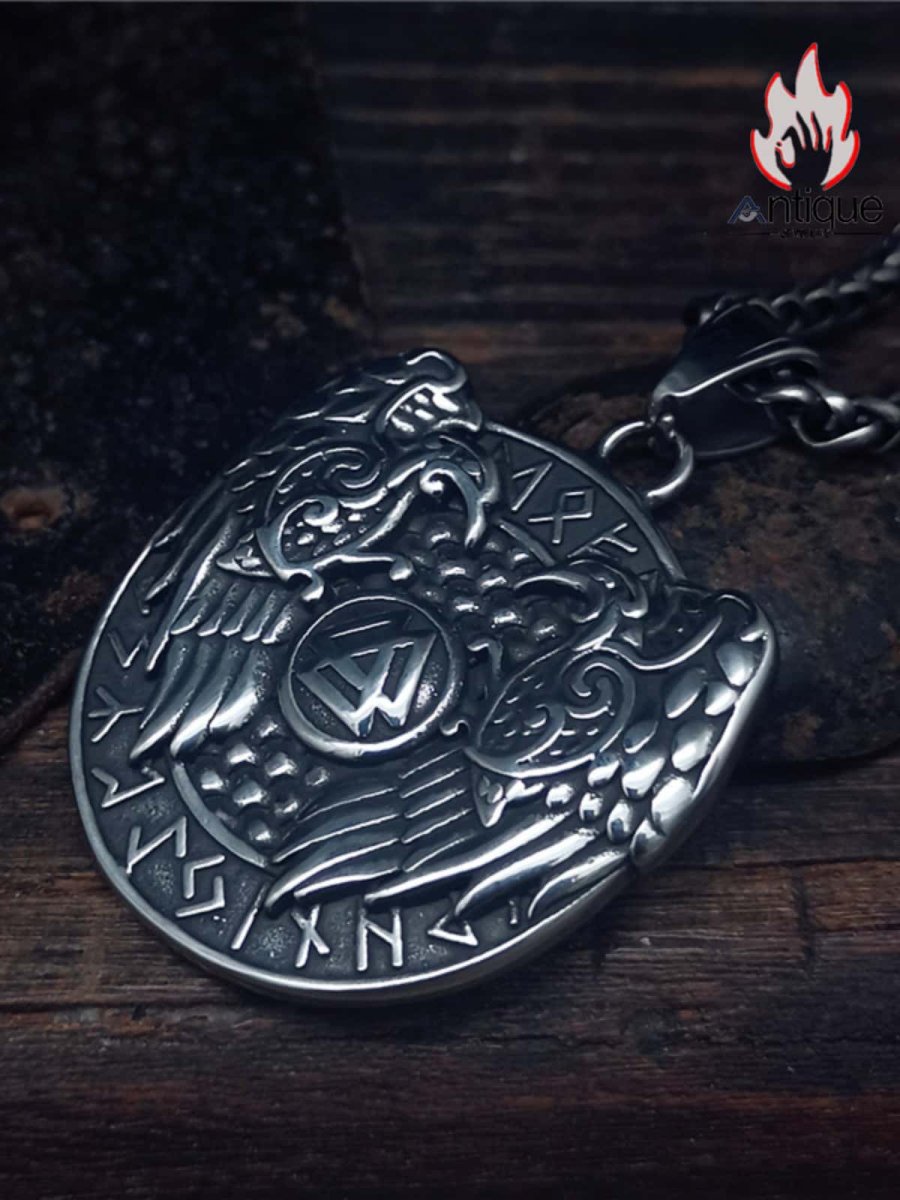 画像3: Antique Jewelry 北欧オーディンの双頭鷲トーテムネックレス、メンズ、パンクスタイル、チタンスチール、ヴァイキングの三角結びの羅針盤円形ペンダント (3)