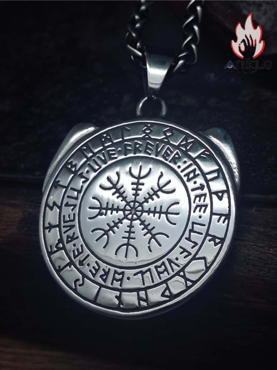 画像4: Antique Jewelry 北欧オーディンの双頭鷲トーテムネックレス、メンズ、パンクスタイル、チタンスチール、ヴァイキングの三角結びの羅針盤円形ペンダント (4)