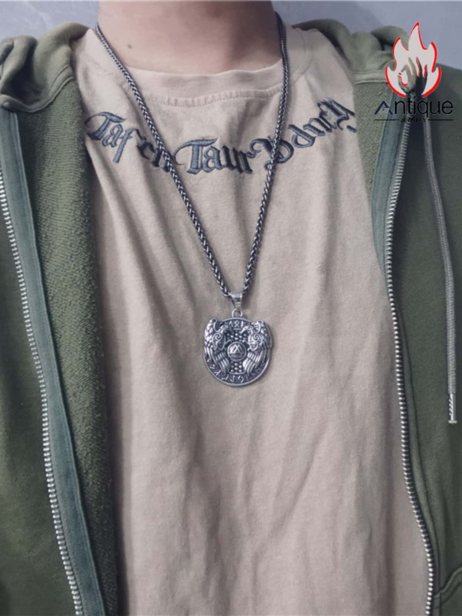 画像5: Antique Jewelry 北欧オーディンの双頭鷲トーテムネックレス、メンズ、パンクスタイル、チタンスチール、ヴァイキングの三角結びの羅針盤円形ペンダント (5)