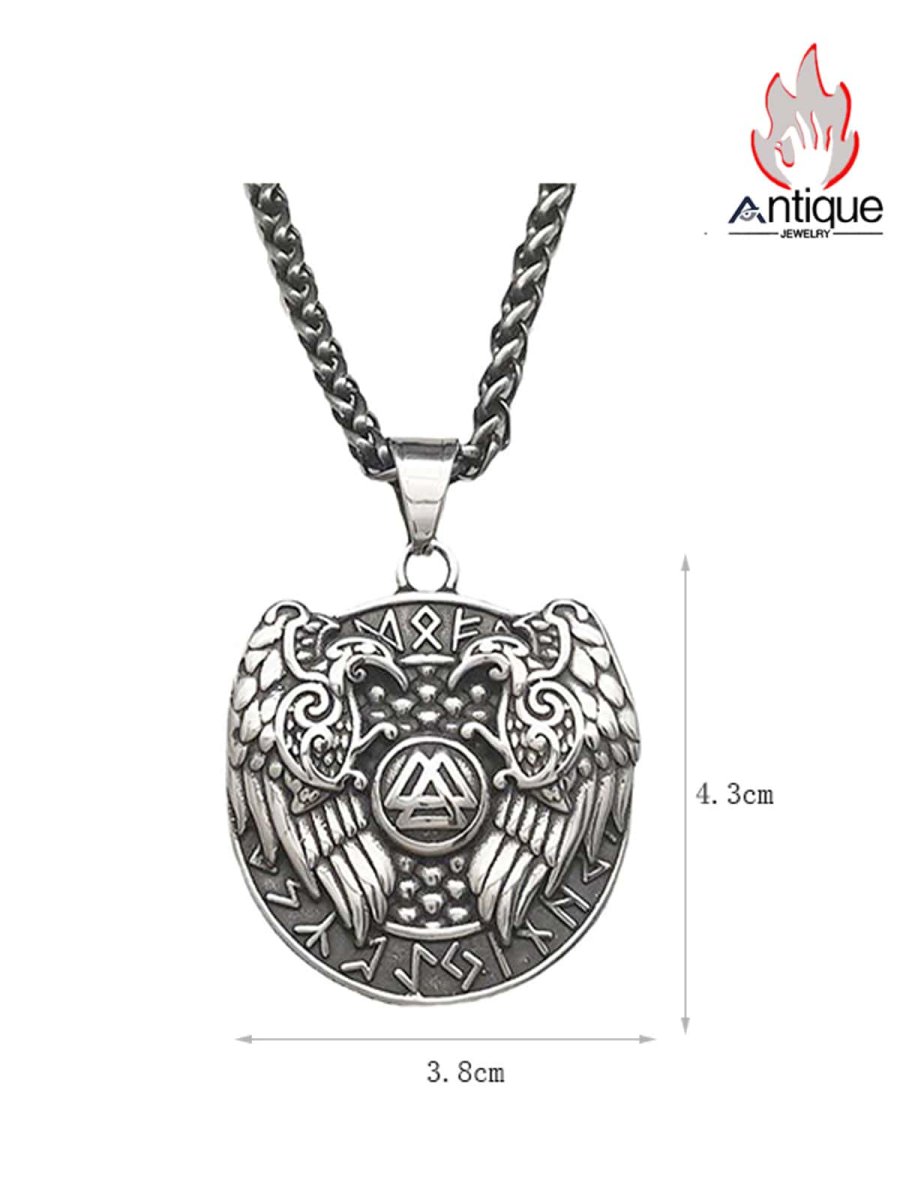 画像6: Antique Jewelry 北欧オーディンの双頭鷲トーテムネックレス、メンズ、パンクスタイル、チタンスチール、ヴァイキングの三角結びの羅針盤円形ペンダント (6)