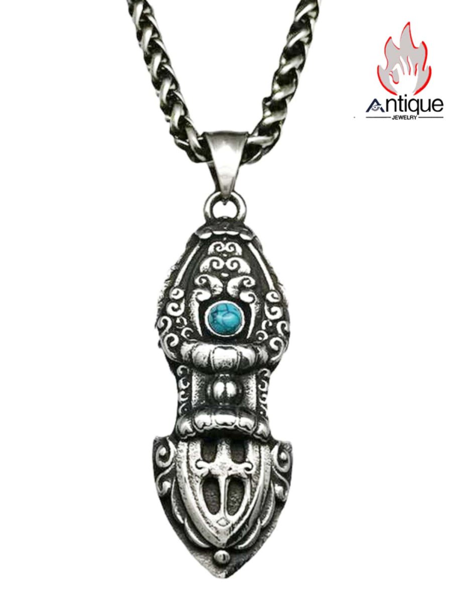 画像1: Antique Jewelry レトロ ラピスラズリと金剛杵ネックレス、メンズ、チタンスチール製、中国の民族風、個性的な呪霊杵ペンダント (1)