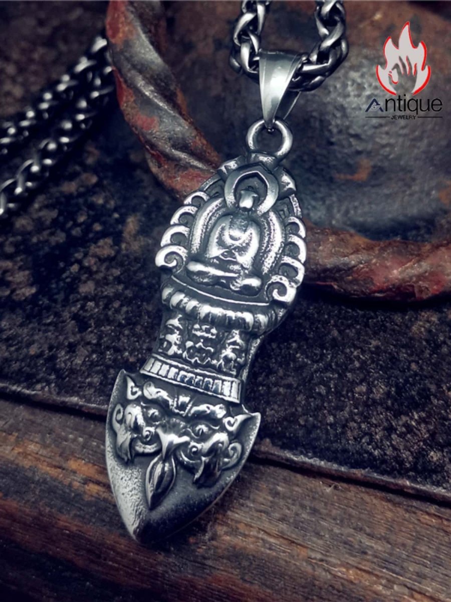 画像4: Antique Jewelry レトロ ラピスラズリと金剛杵ネックレス、メンズ、チタンスチール製、中国の民族風、個性的な呪霊杵ペンダント (4)