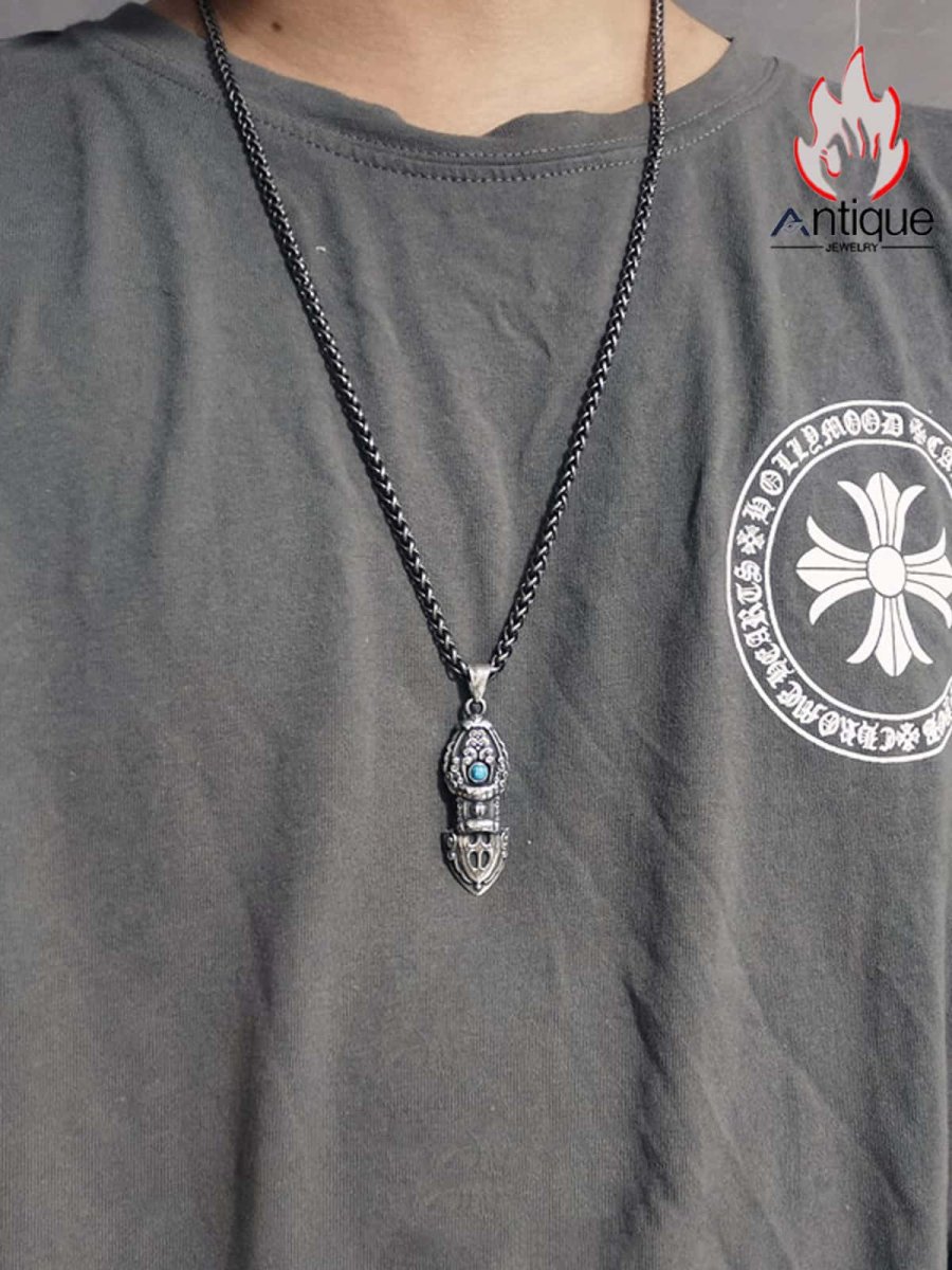 画像6: Antique Jewelry レトロ ラピスラズリと金剛杵ネックレス、メンズ、チタンスチール製、中国の民族風、個性的な呪霊杵ペンダント (6)