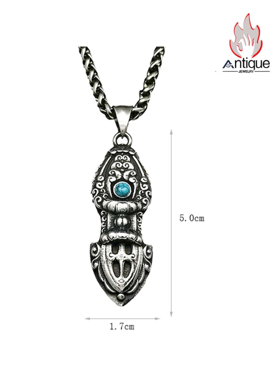 画像7: Antique Jewelry レトロ ラピスラズリと金剛杵ネックレス、メンズ、チタンスチール製、中国の民族風、個性的な呪霊杵ペンダント (7)