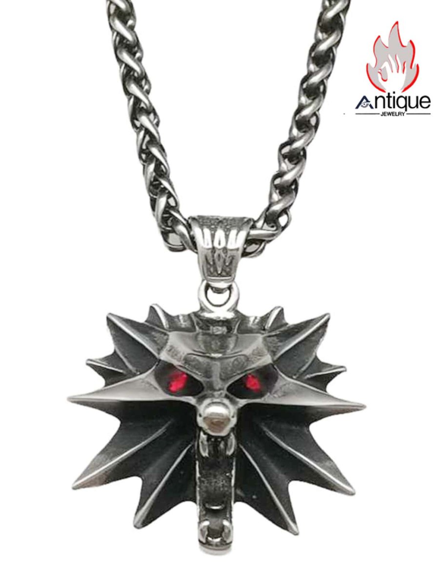 画像1: Antique Jewelry ウィザード3 狼学派マイクロチップネックレス、タイプステン鋼、男性のリユーブアンドパルフェッシュスタイル、エルフの赤い目と狼の首のペンダント (1)